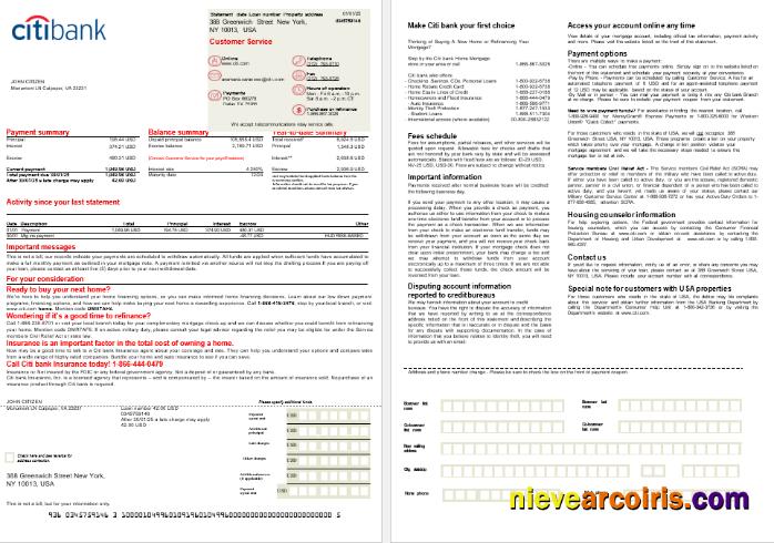 USA Citi bank mortgage statement, 2 pages
